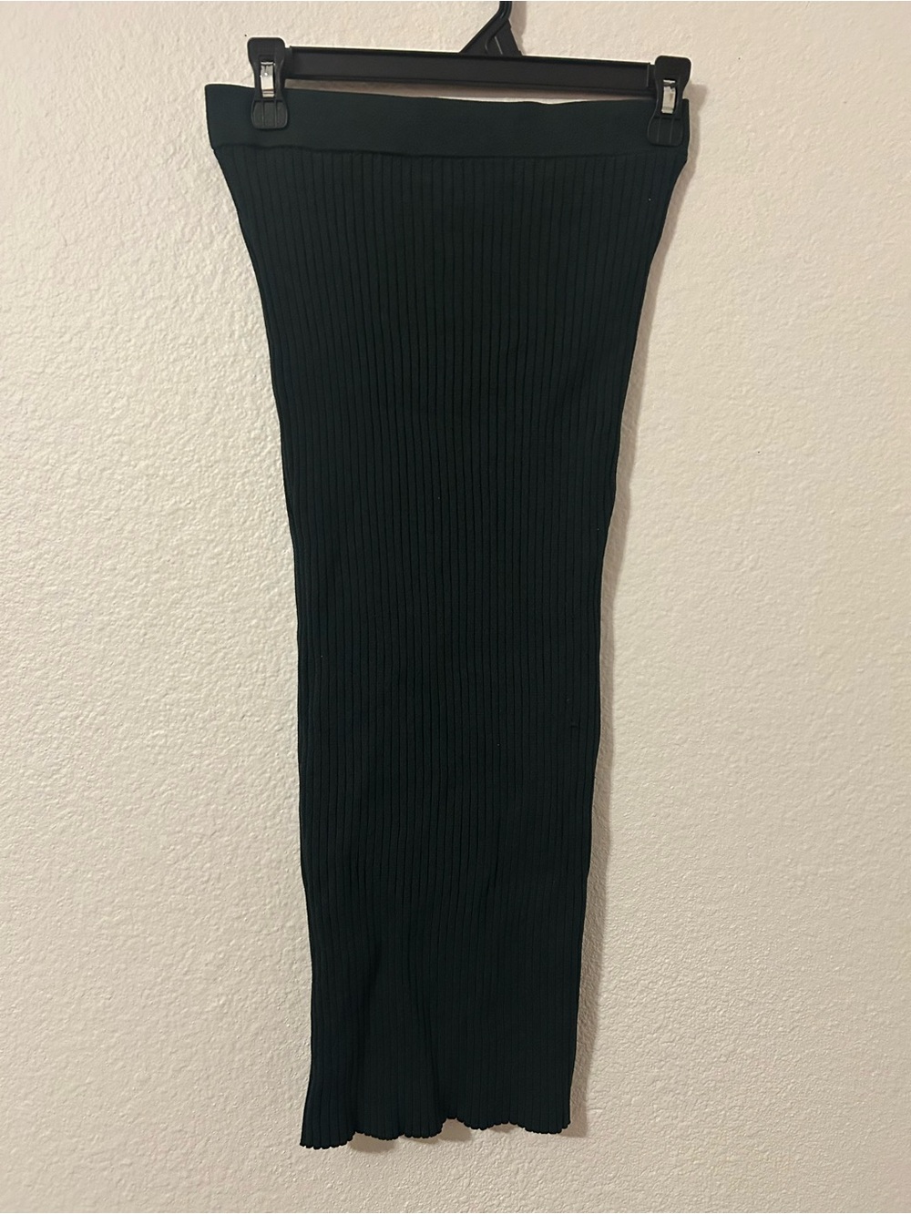 Dark Green Ribbed Knit Midi Pencil Skirt
